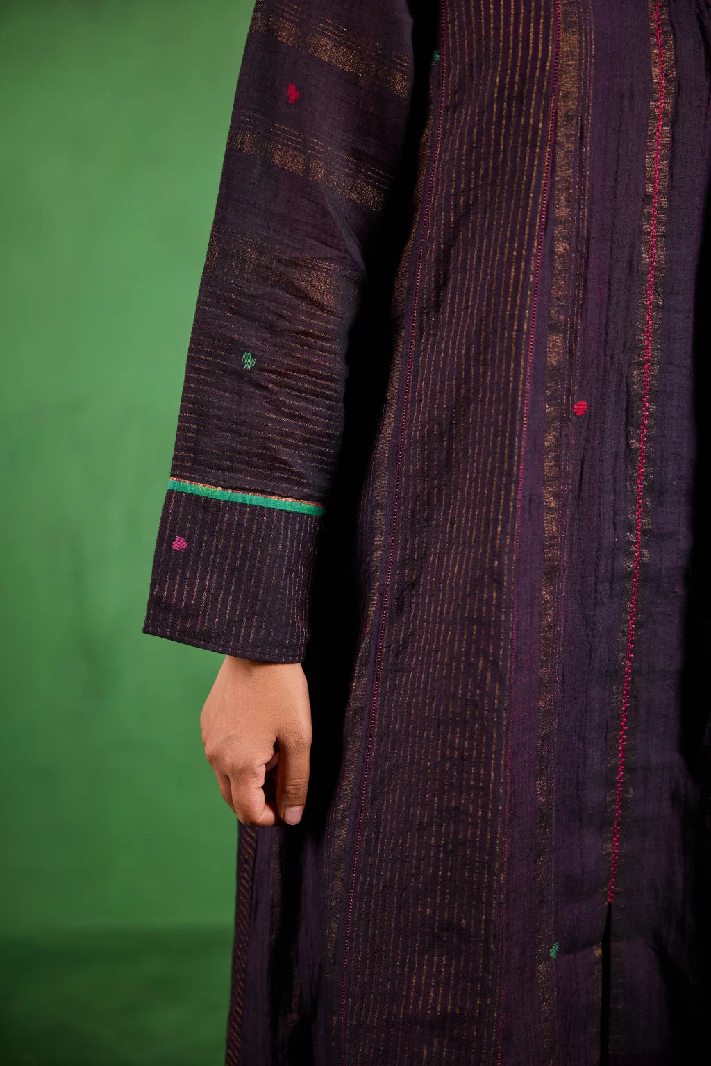 Sarron Madhavi Dress, deep purple silk-cotton Jamdani dress with large graph-style floral motifs and zari stripes.