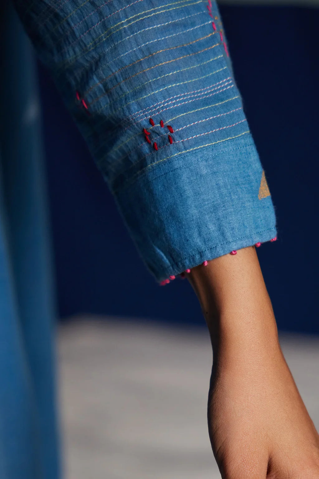 Sarron Mandakini Dress, blue and red check patchwork cotton Jamdani dress with geometric butas.