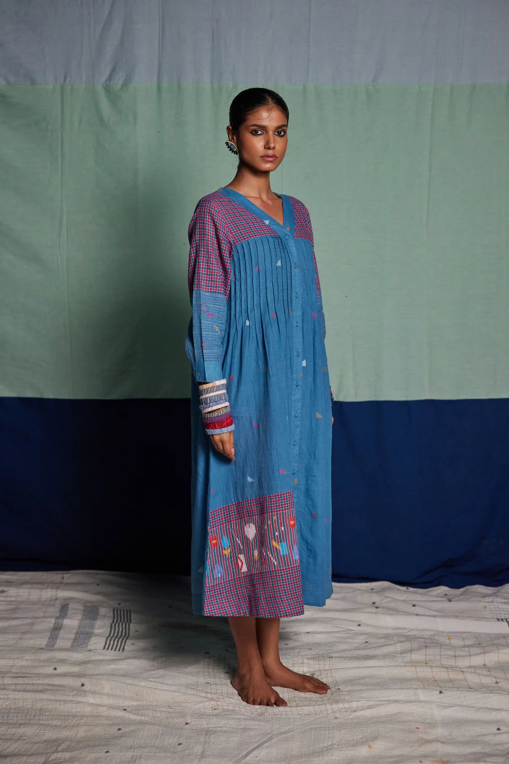 Sarron Mandakini Dress, blue and red check patchwork cotton Jamdani dress with geometric butas.