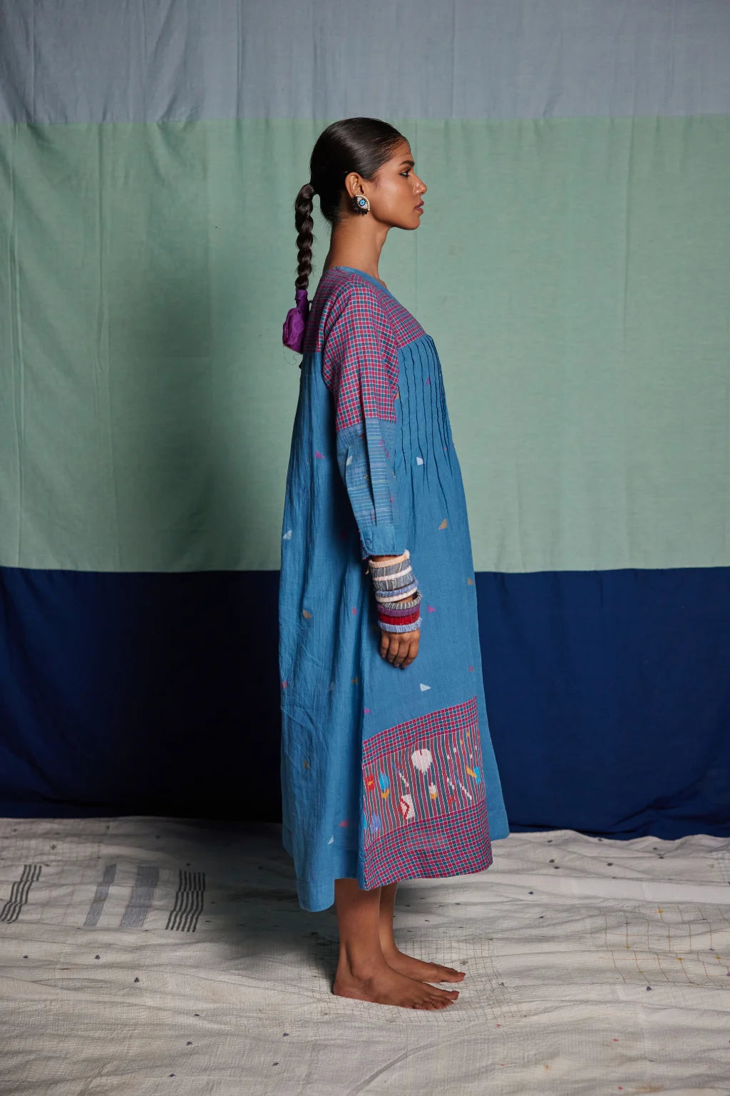 Sarron Mandakini Dress, blue and red check patchwork cotton Jamdani dress with geometric butas.