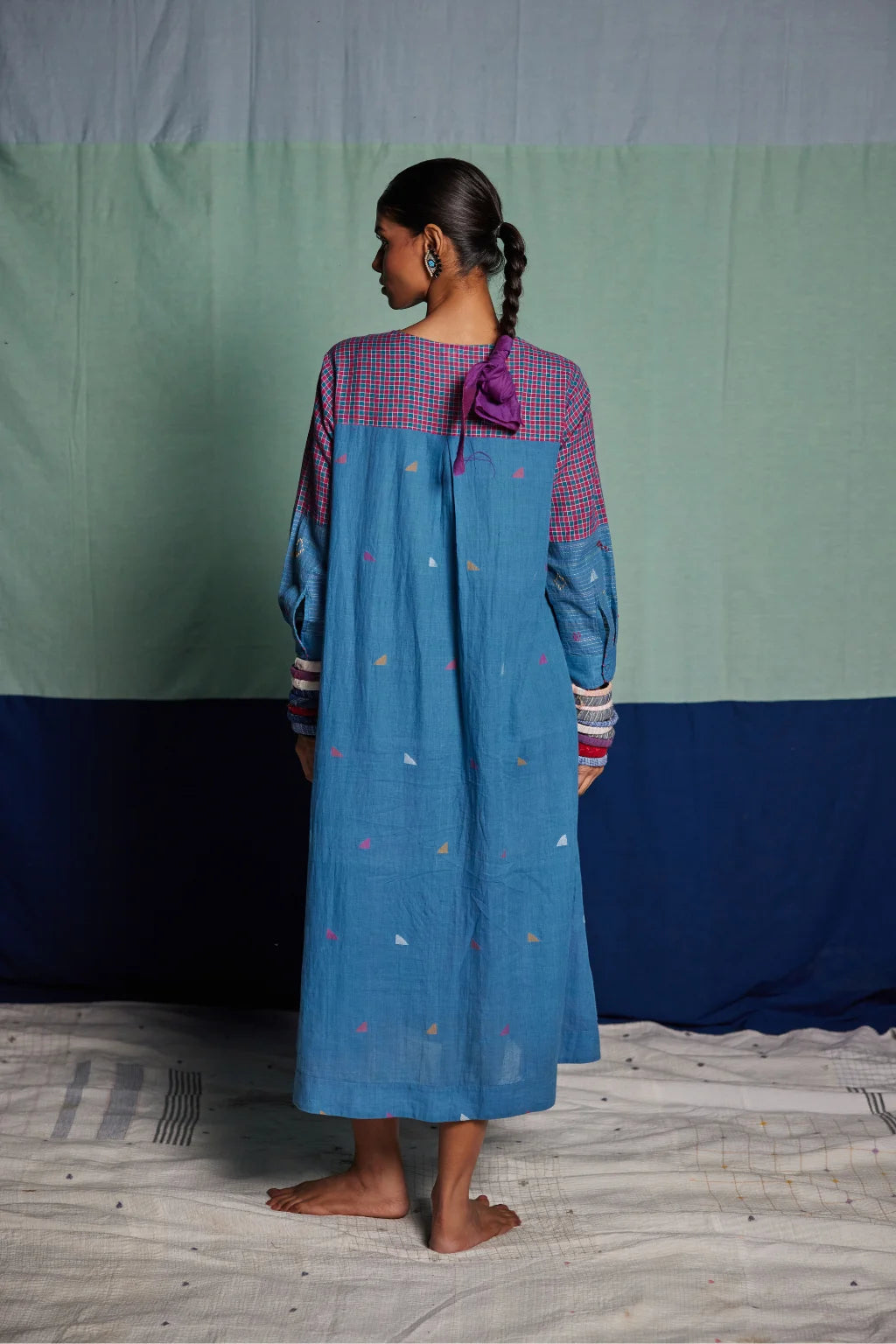 Sarron Mandakini Dress, blue and red check patchwork cotton Jamdani dress with geometric butas.