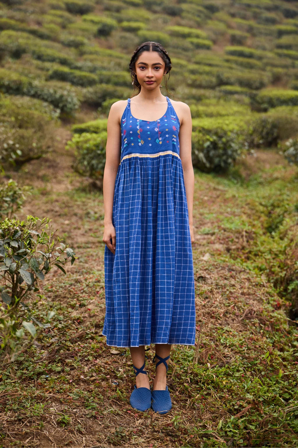 Sarron Meghmala Dress, sleeveless blue cotton Jamdani dress with adjustable straps and geometric motifs.