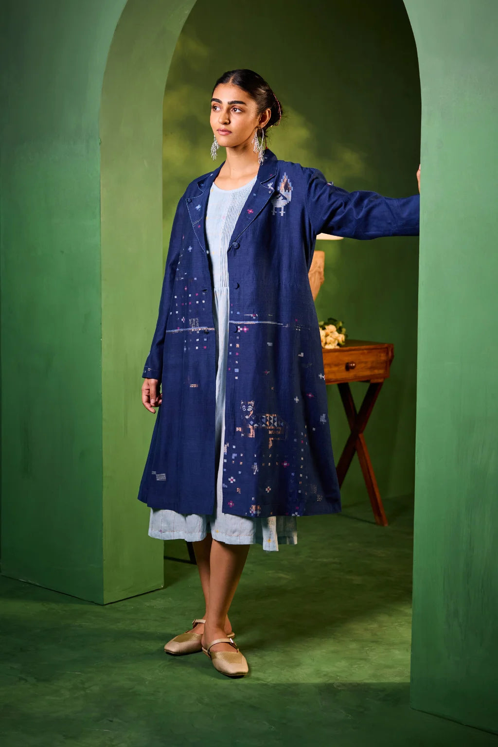 Sarron Neelambari Jacket, deep indigo silk-cotton Jamdani jacket with handwoven peacock and lion motifs.