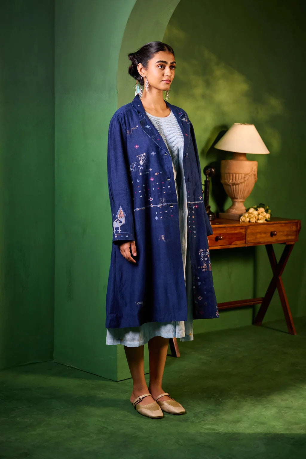 Sarron Neelambari Set, deep indigo silk-cotton Jamdani jacket and dress with peacock and lion motifs.