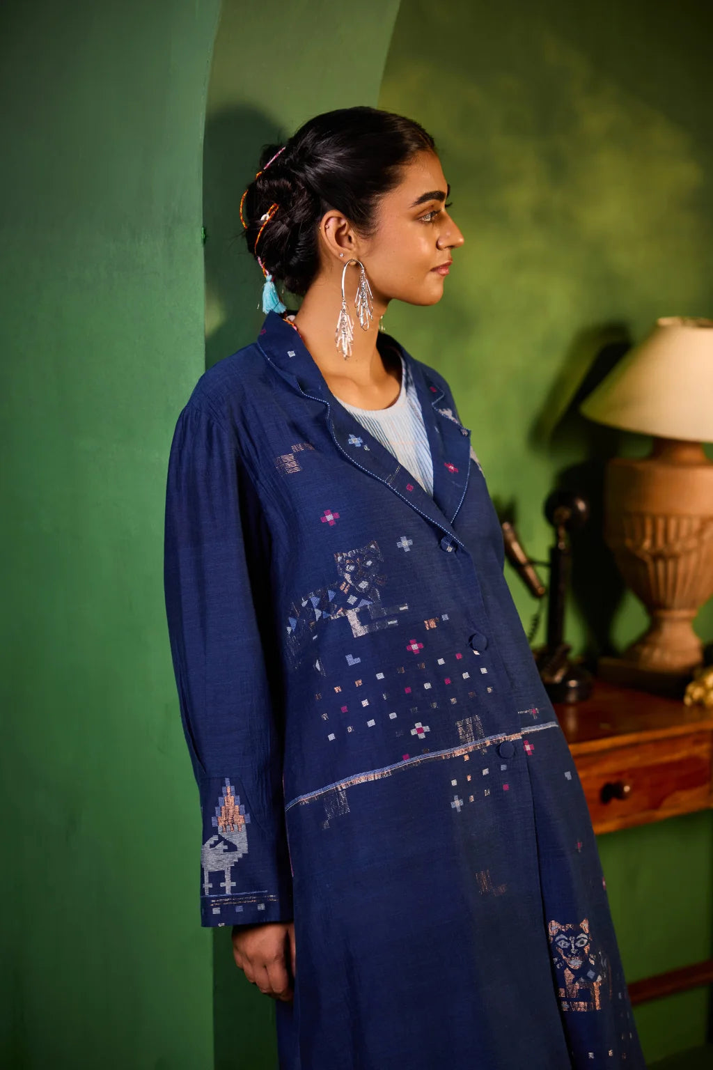 Sarron Neelambari Set, deep indigo silk-cotton Jamdani jacket and dress with peacock and lion motifs.