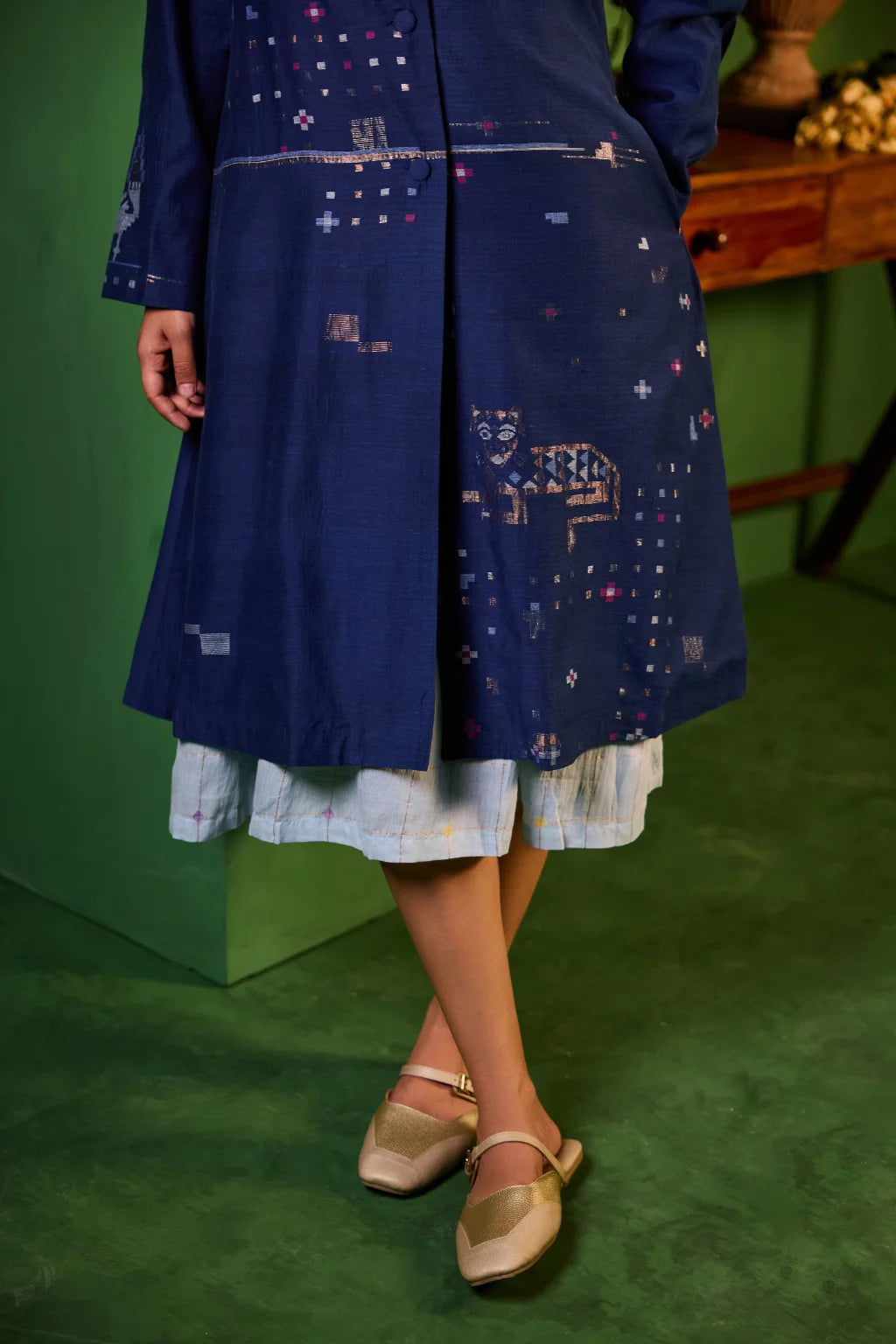 Sarron Neelambari Set, deep indigo silk-cotton Jamdani jacket and dress with peacock and lion motifs.