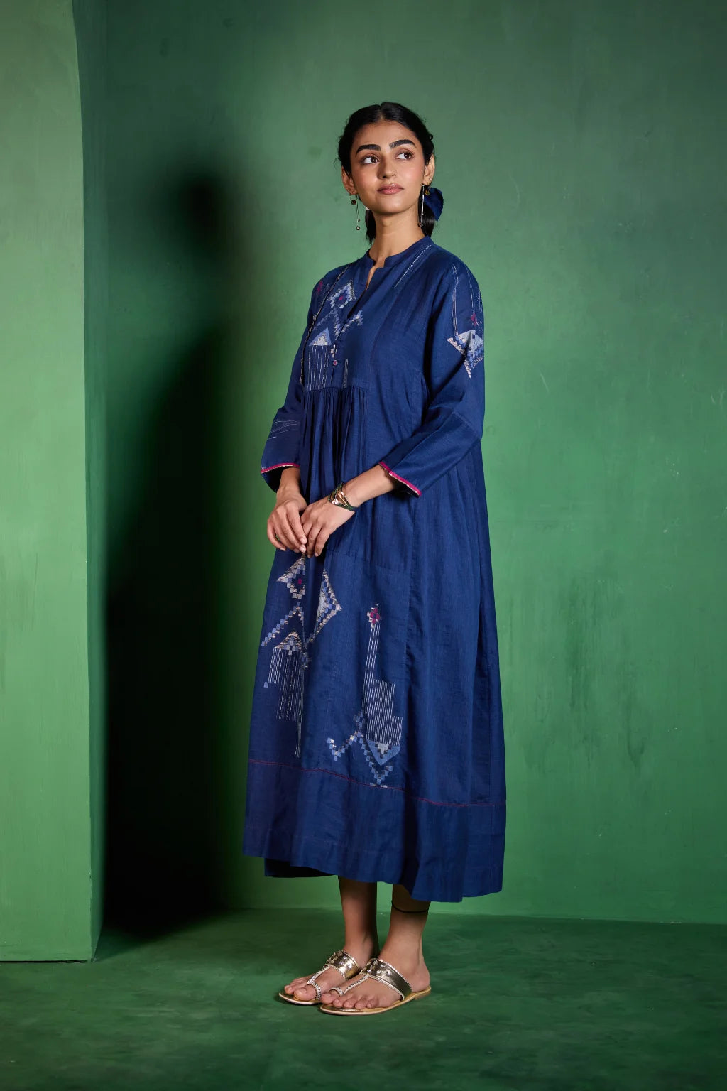Sarron Neelima Dress, deep indigo silk-cotton Jamdani dress with geometric motifs and a mandarin collar.