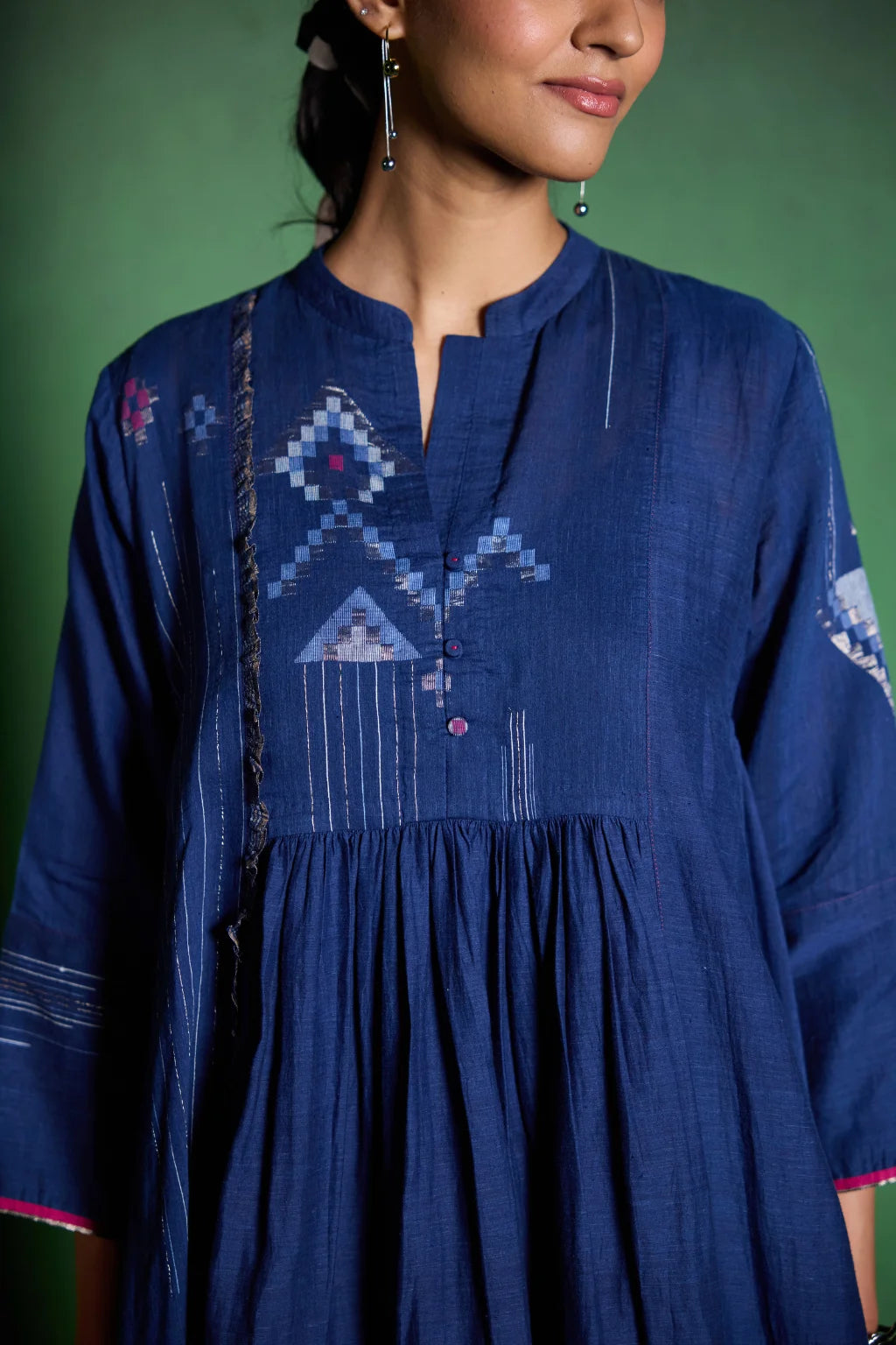 Sarron Neelima Dress, deep indigo silk-cotton Jamdani dress with geometric motifs and a mandarin collar.