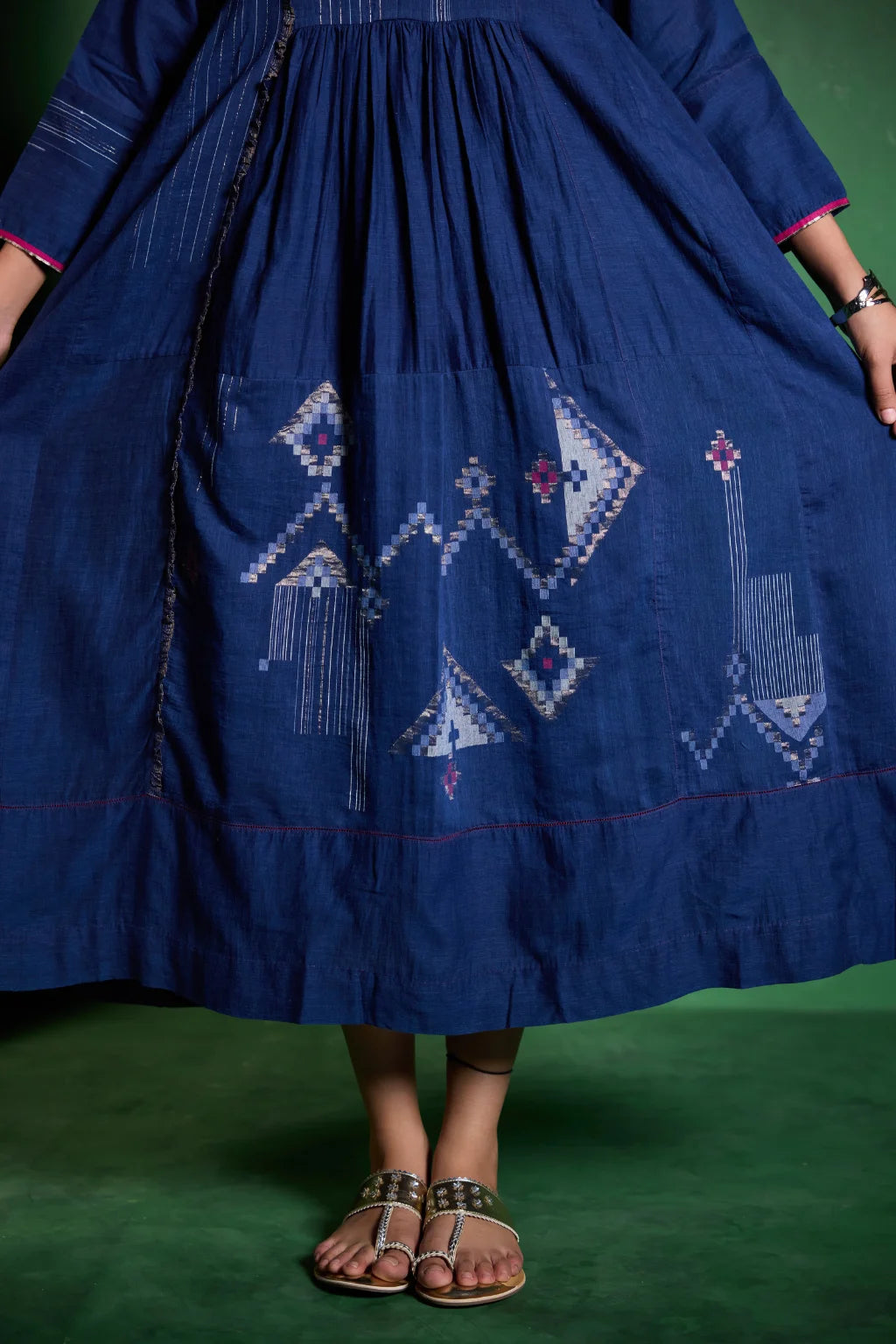 Sarron Neelima Dress, deep indigo silk-cotton Jamdani dress with geometric motifs and a mandarin collar.