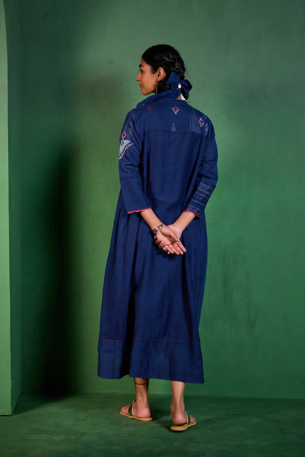 Sarron Neelima Dress, deep indigo silk-cotton Jamdani dress with geometric motifs and a mandarin collar.