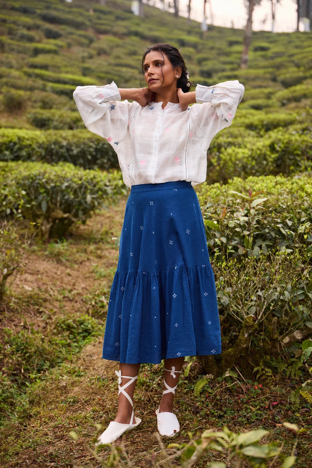 Sarron Neeltara Skirt, dark indigo cotton Jamdani skirt with four-ball Jamdani motifs and side pockets.