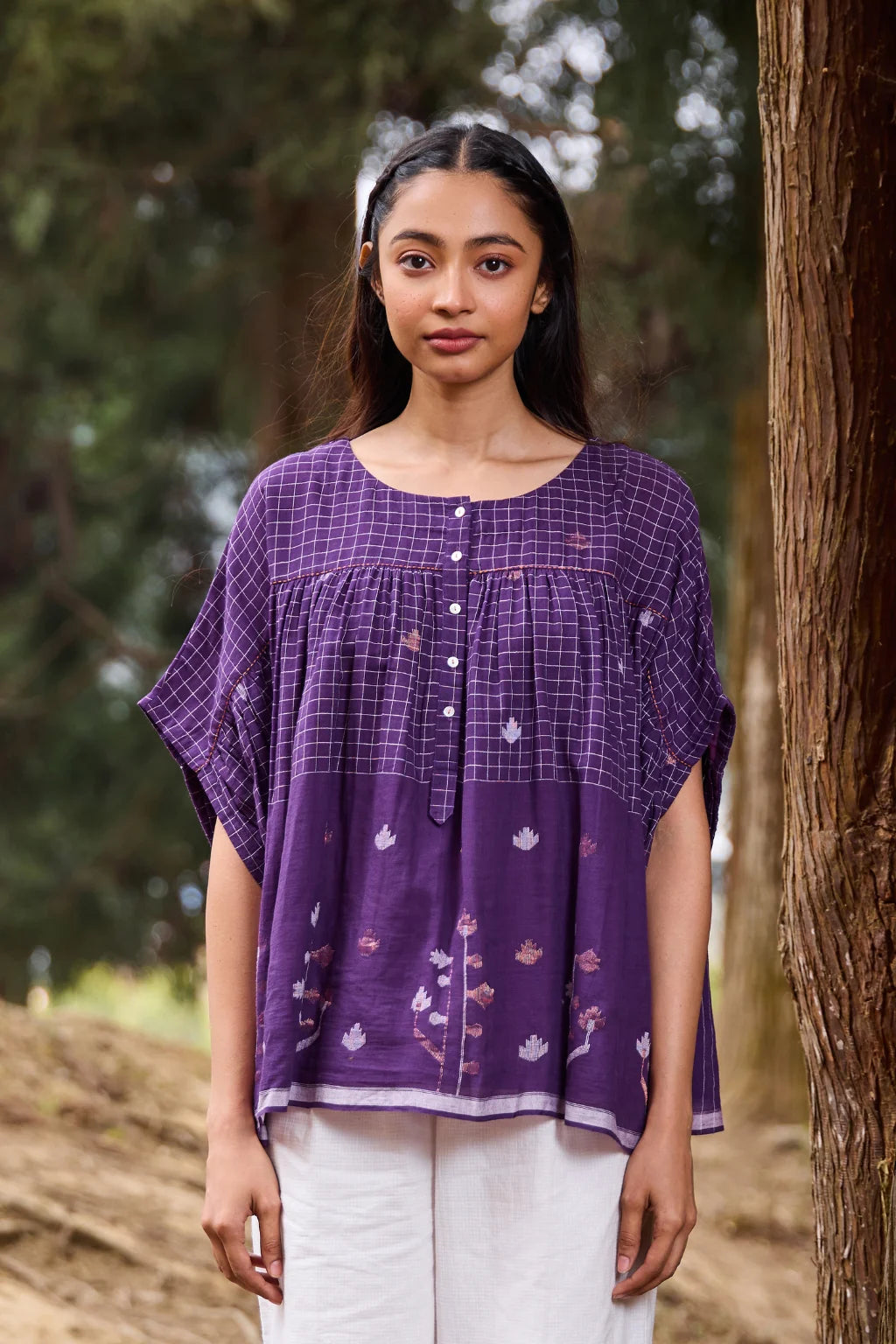 Sarron Pakhila Top, plum purple front-open cotton Jamdani top with handwoven checks and floral motifs.