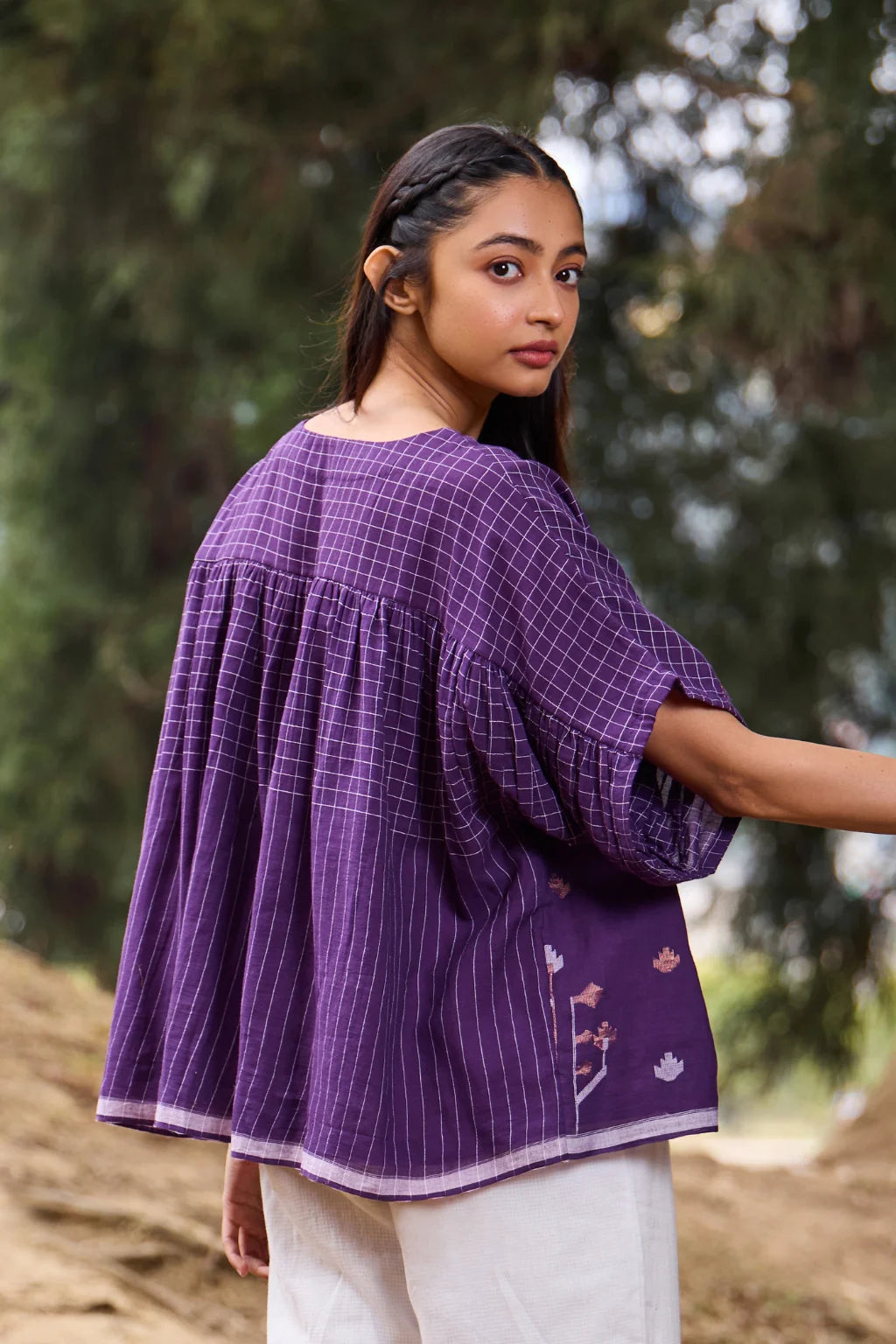 Sarron Pakhila Top, plum purple front-open cotton Jamdani top with handwoven checks and floral motifs.
