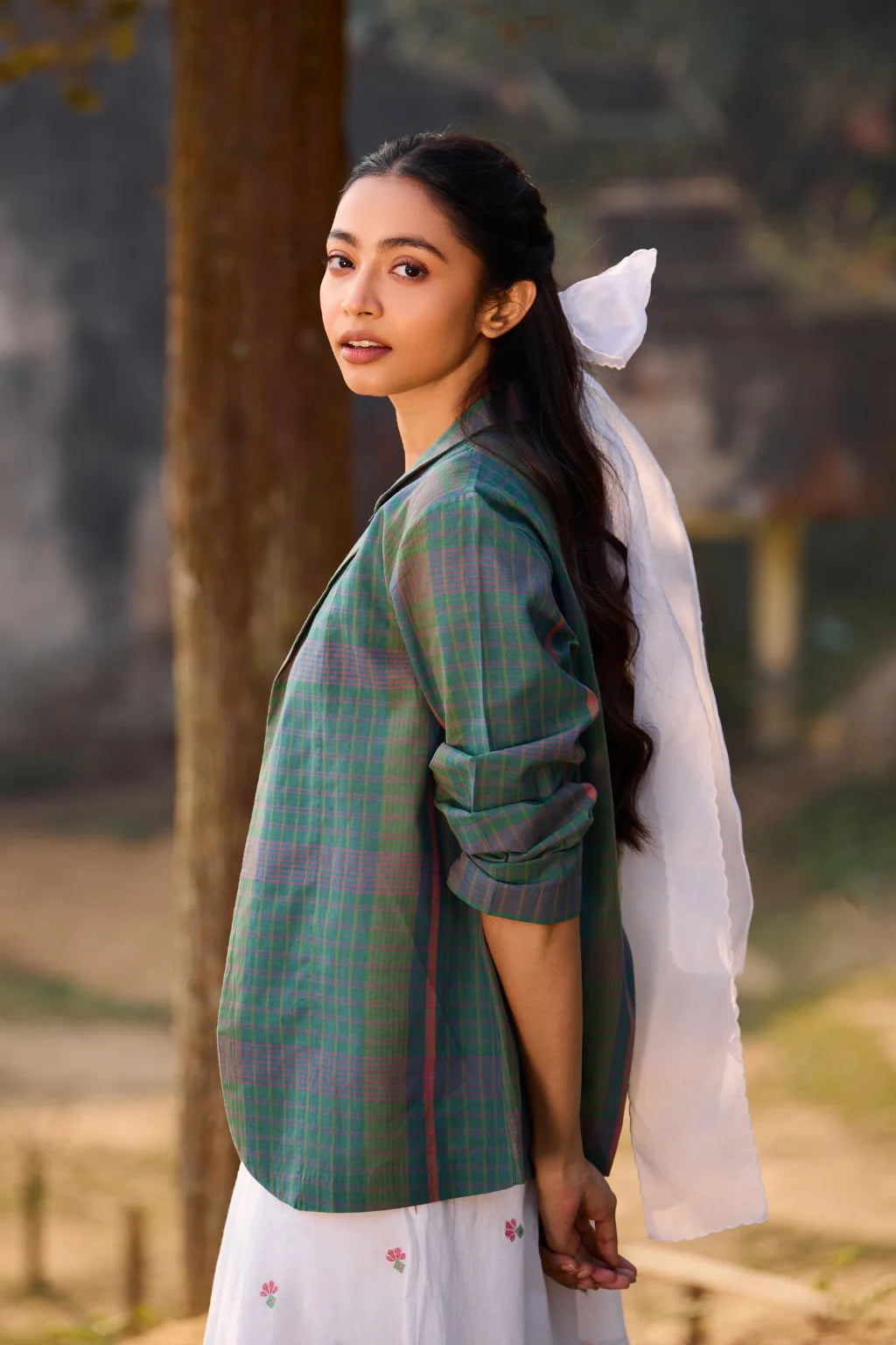 Sarron Piyali Overlay, open-front green checked handloom cotton overlay with a notched collar.