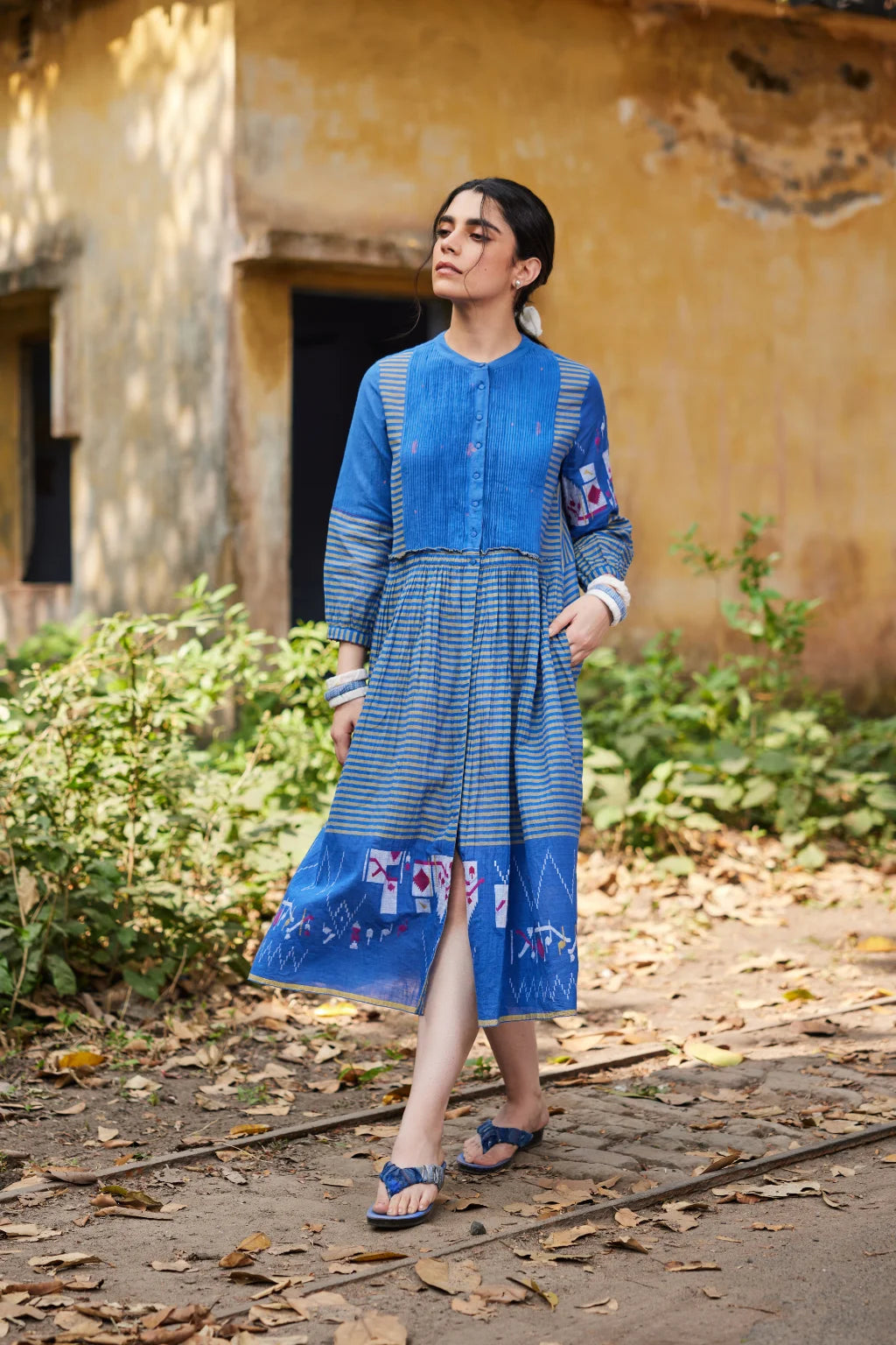 Sarron Priya Dress, blue patchwork dress in cotton Jamdani and striped handloom cotton with pintucks.