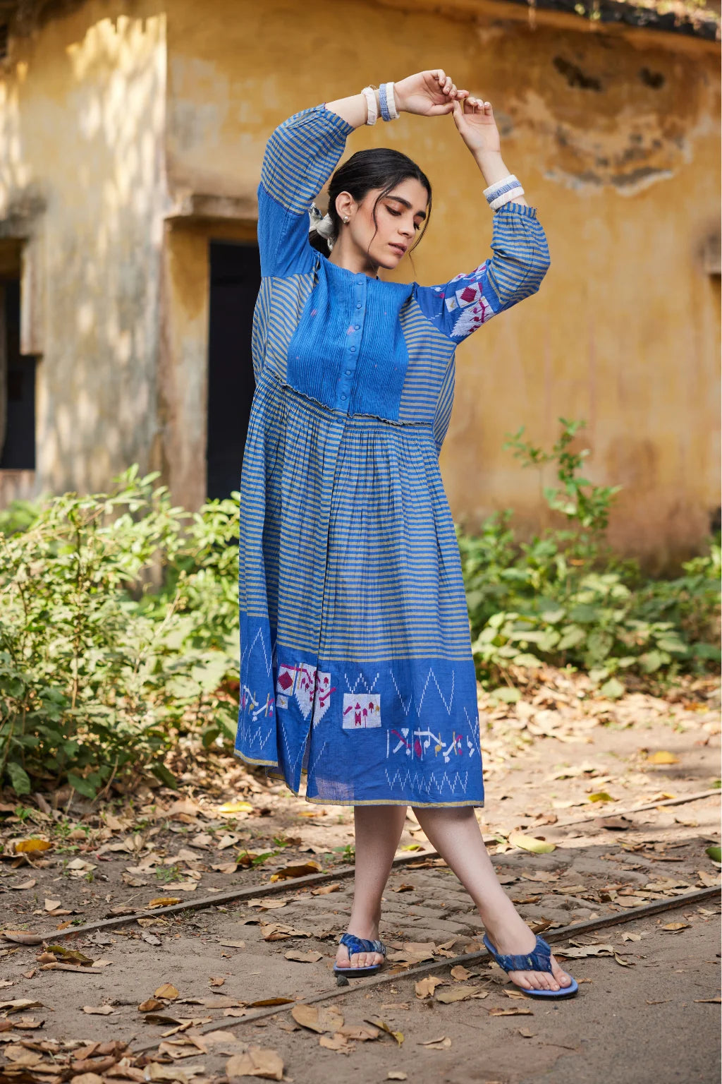 Sarron Priya Dress, blue patchwork dress in cotton Jamdani and striped handloom cotton with pintucks.