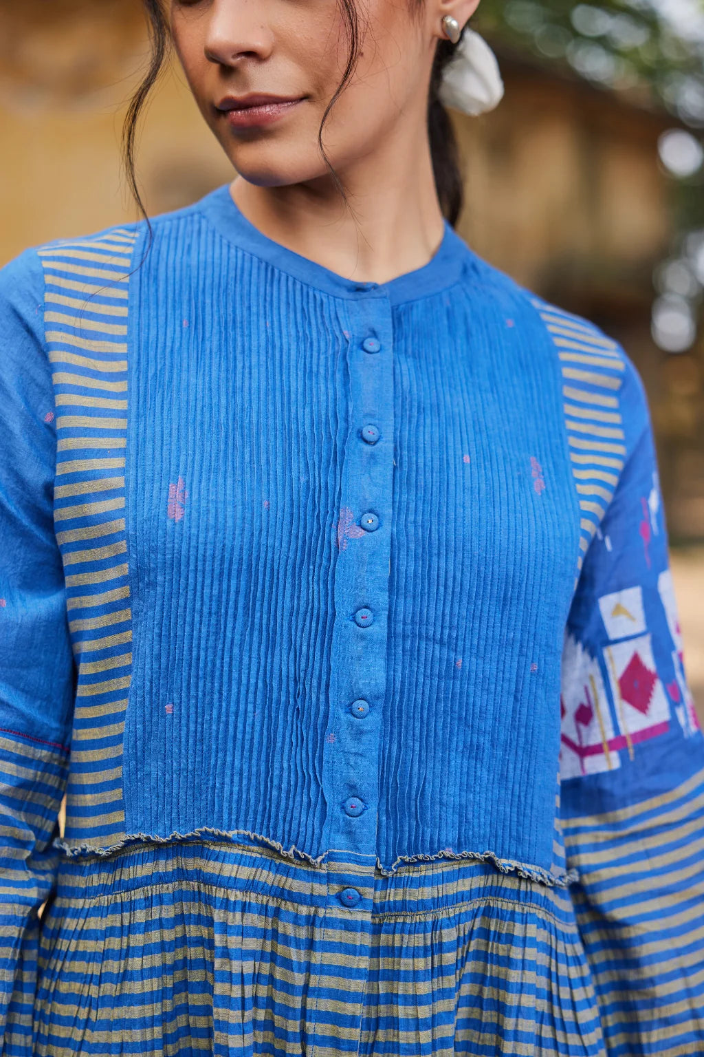 Sarron Priya Dress, blue patchwork dress in cotton Jamdani and striped handloom cotton with pintucks.