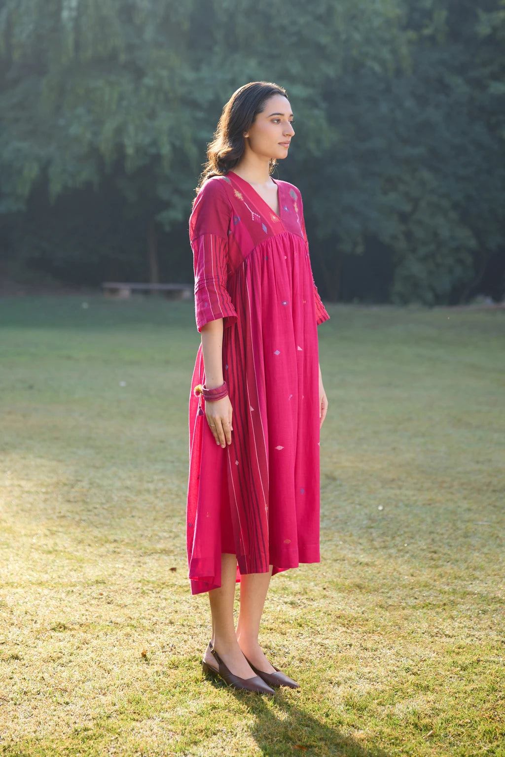Raga Dress — jamdani cotton dress — angular view | Sarron