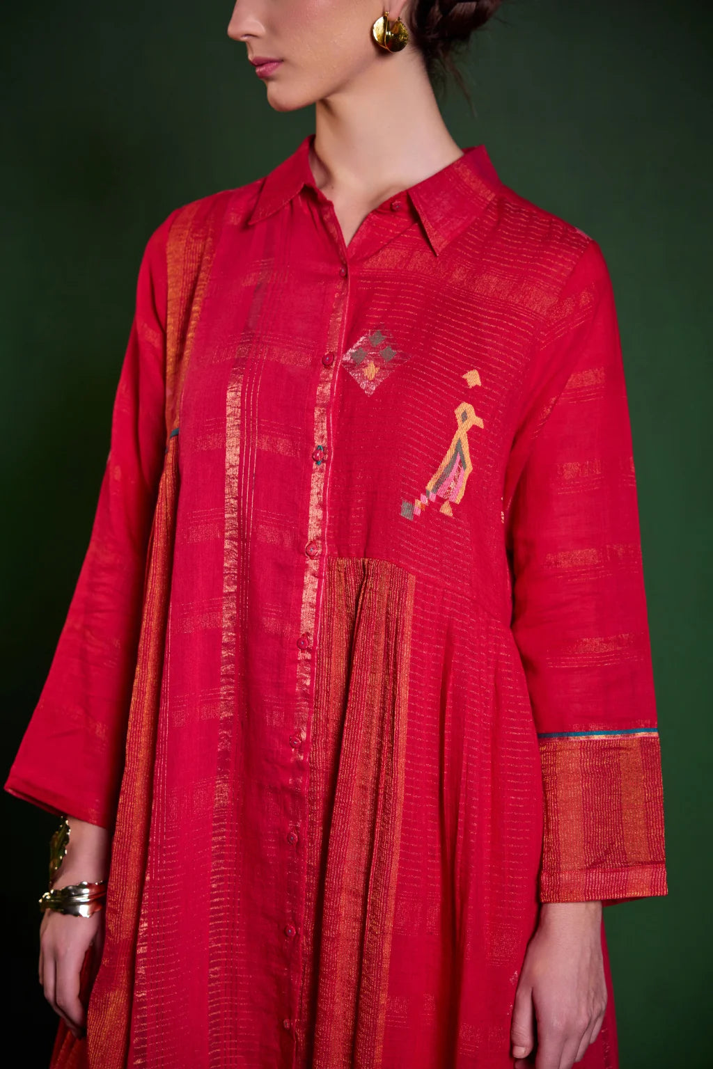 Sarron Ragini Dress, red silk-cotton Jamdani dress with handwoven bird and floral motifs and zari stripes.
