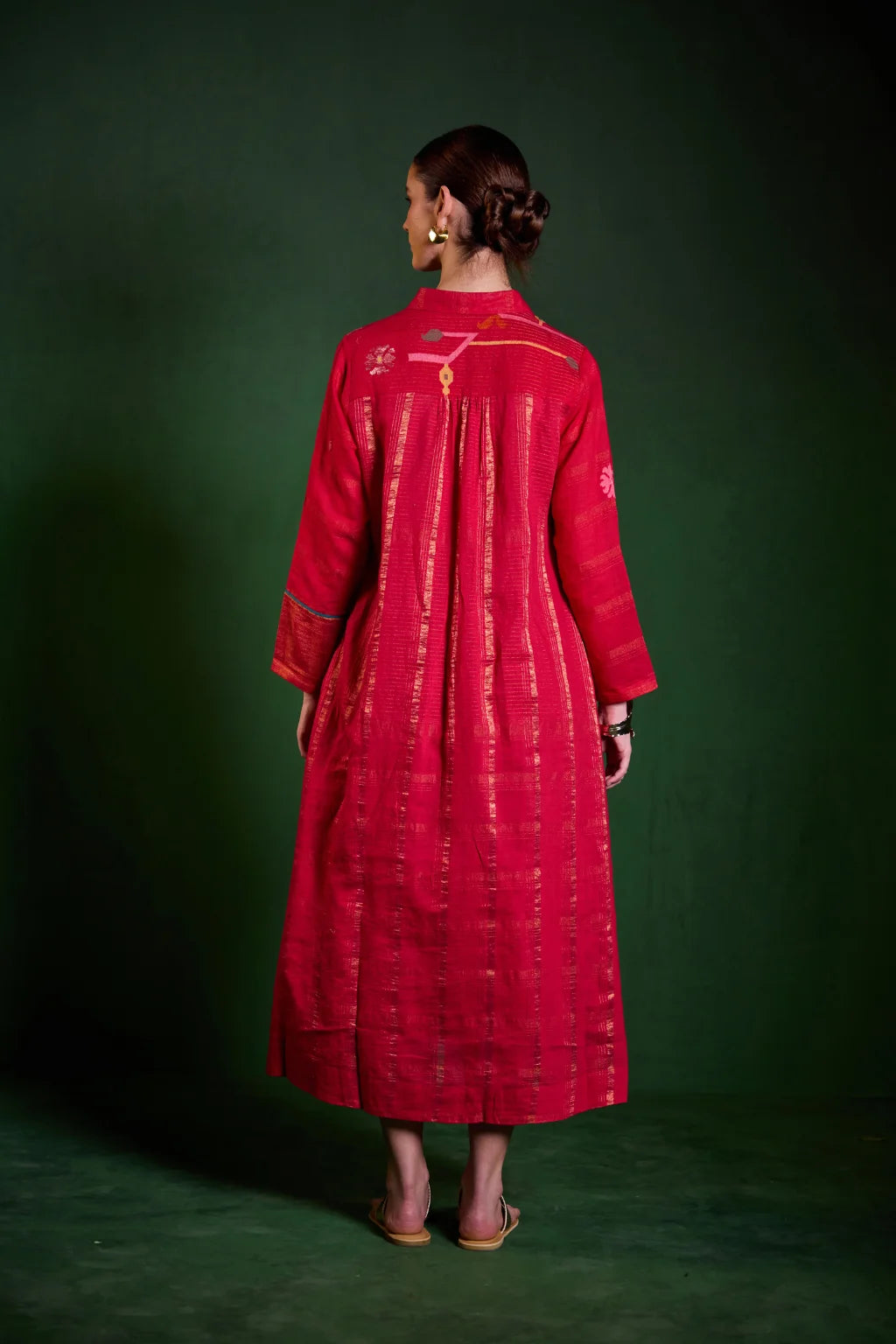 Sarron Ragini Dress, red silk-cotton Jamdani dress with handwoven bird and floral motifs and zari stripes.