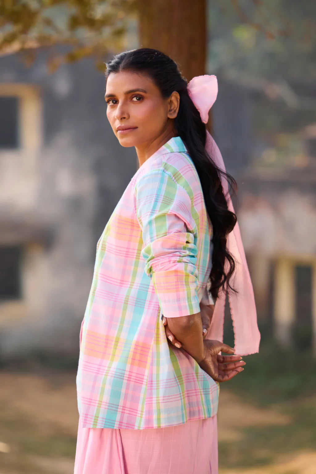 Sarron Rangrez Overlay, open-front pink checked handloom cotton overlay with a notched collar.
