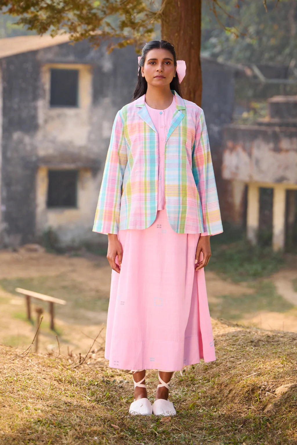 Sarron Rangrez Overlay, open-front pink checked handloom cotton overlay with a notched collar.