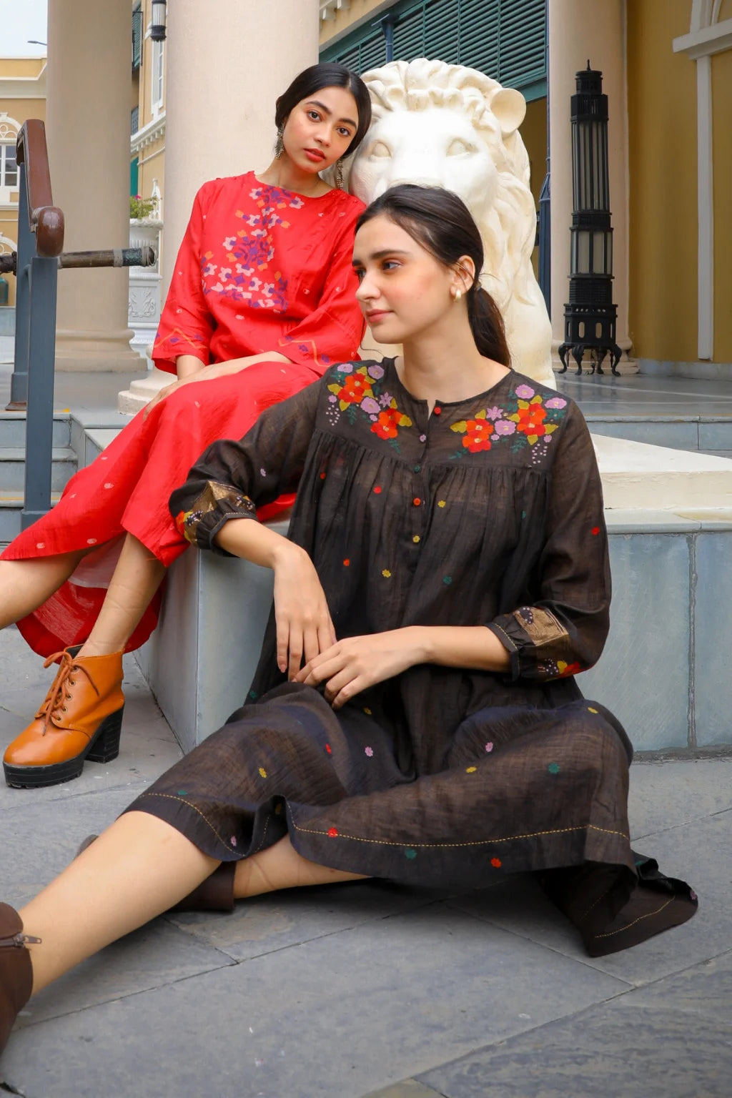 Sarron Rashmi Dress, dark brown silk-cotton Jamdani dress with a floral neckline motif and multicoloured butis.
