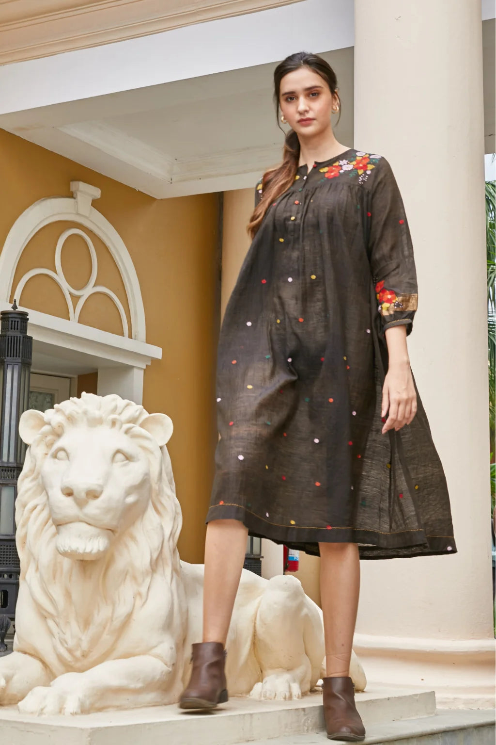 Sarron Rashmi Dress, dark brown silk-cotton Jamdani dress with a floral neckline motif and multicoloured butis.