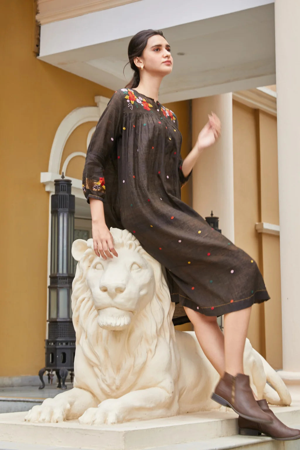 Sarron Rashmi Dress, dark brown silk-cotton Jamdani dress with a floral neckline motif and multicoloured butis.