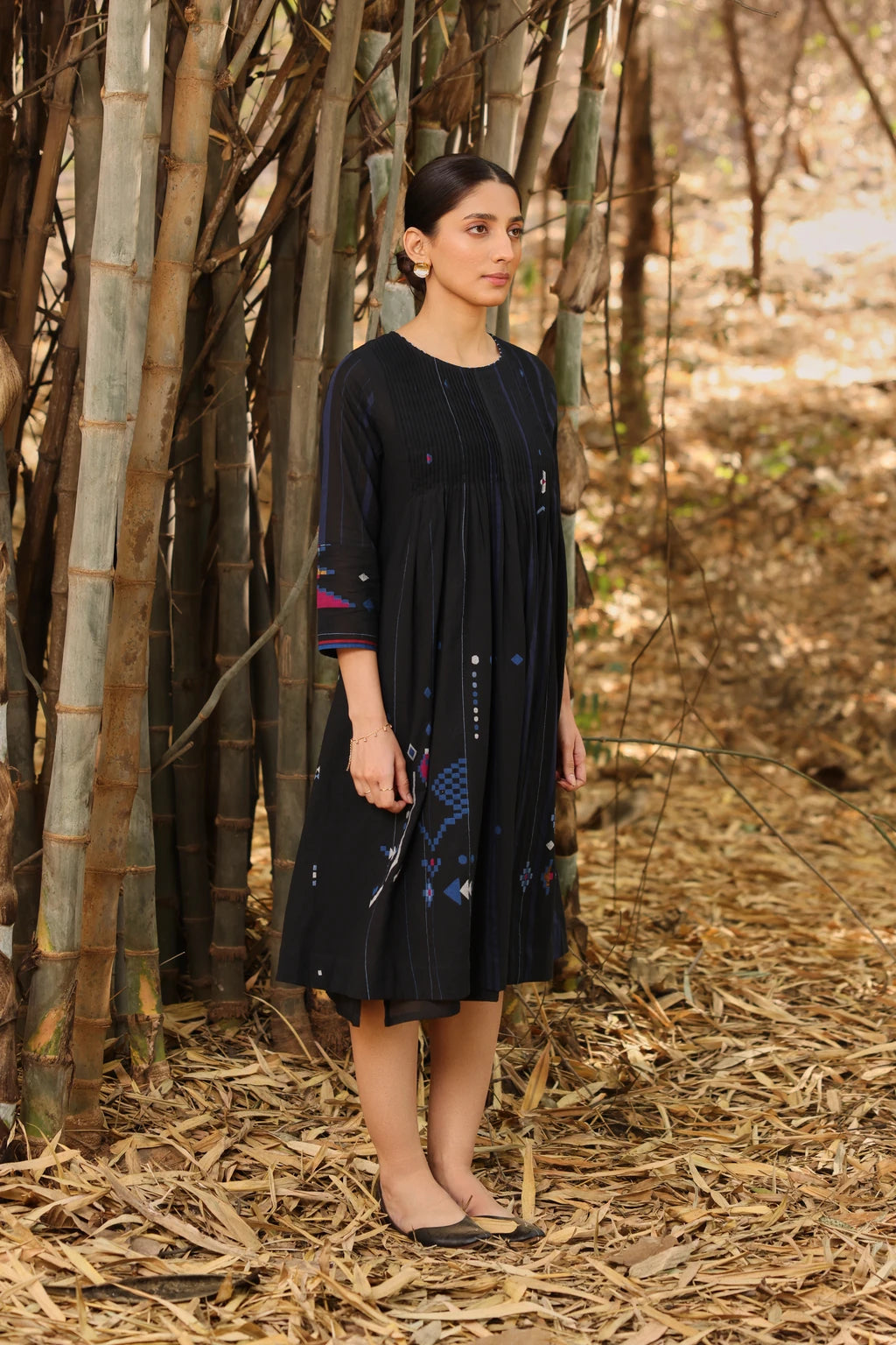 Reka Dress — jamdani cotton dress — angular view | Sarron