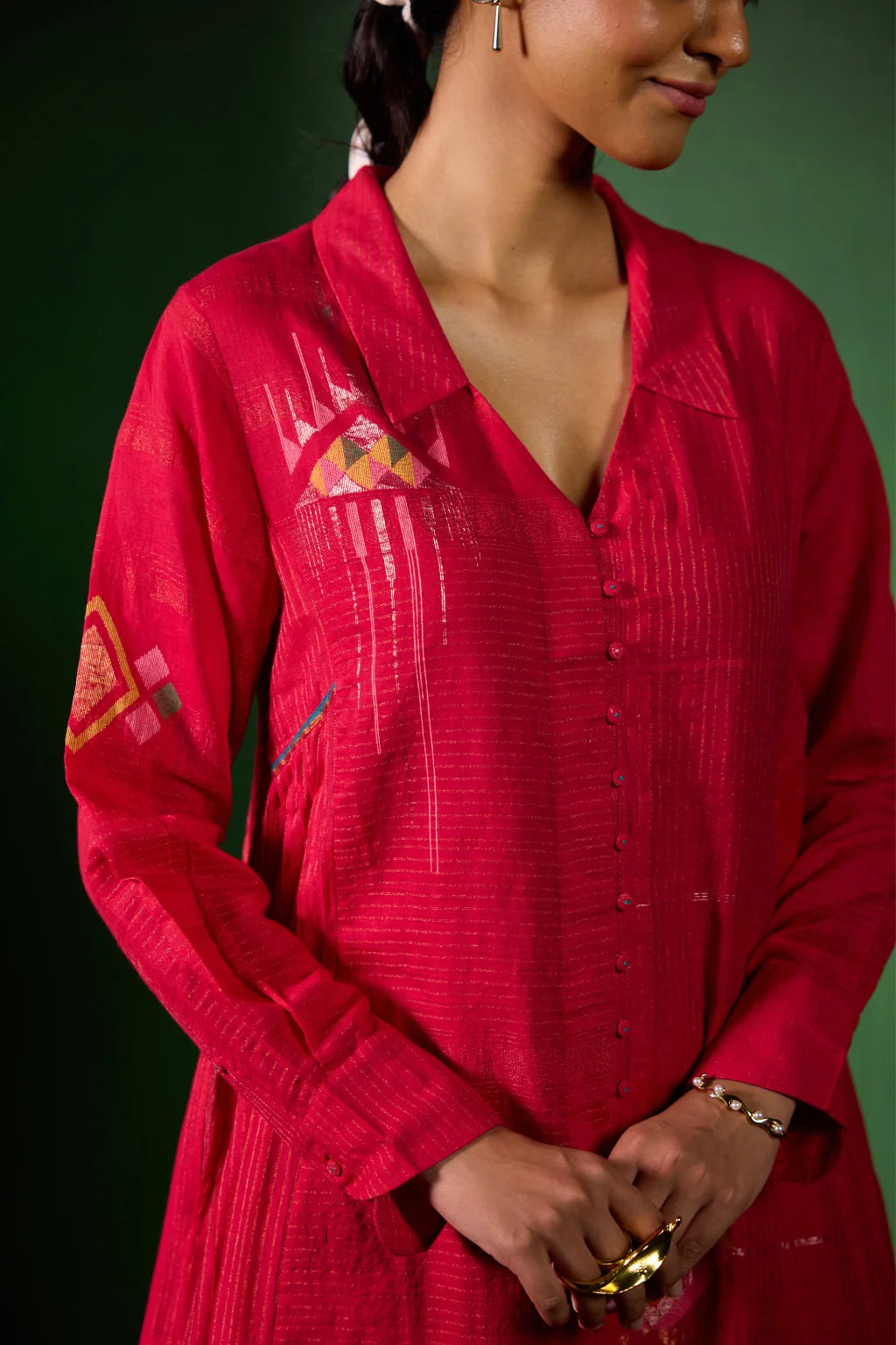Sarron Rohini Dress, bright red silk-cotton Jamdani dress with a collared V-neck and zari stripes.