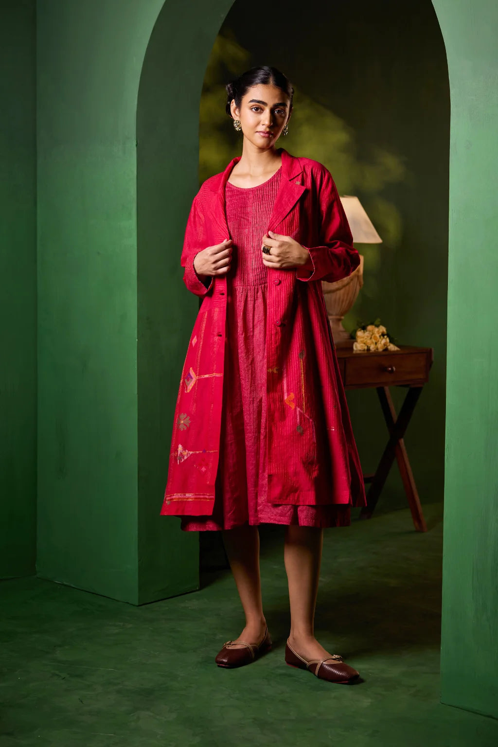 Sarron Rudrani Dress, red silk-cotton sleeveless dress with handwoven zari Jamdani stripes.