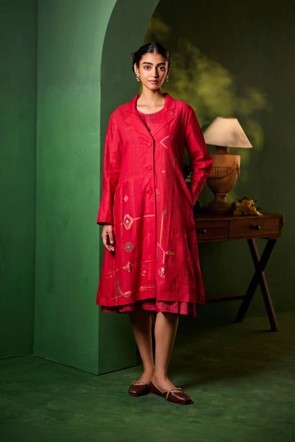 Sarron Rudrani Set, red silk-cotton Jamdani jacket and dress with handwoven bird and floral motifs.