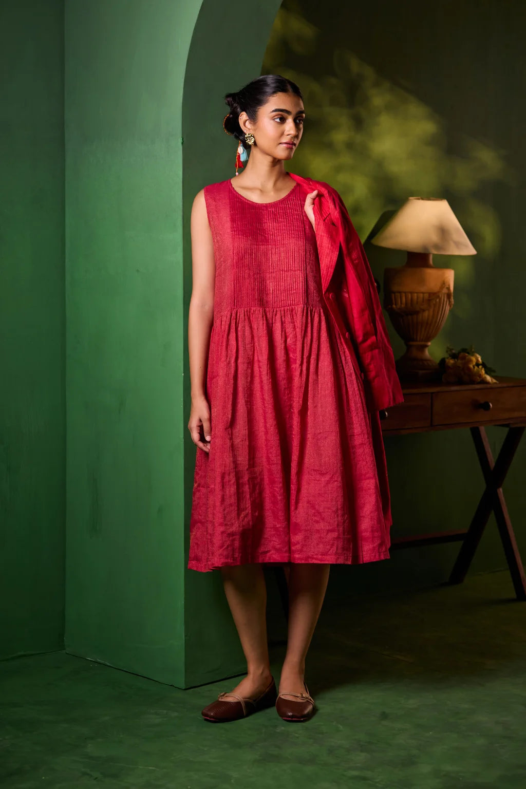 Sarron Rudrani Set, red silk-cotton Jamdani jacket and dress with handwoven bird and floral motifs.
