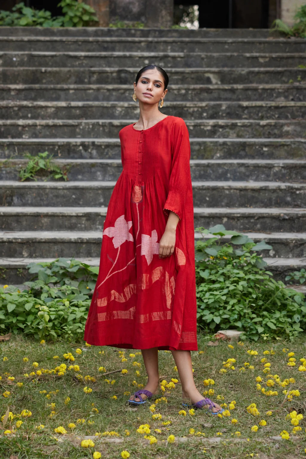 Sarron Ruhani Dress, red silk-cotton placement Jamdani dress with large floral butas and zari Kantha embroidery.