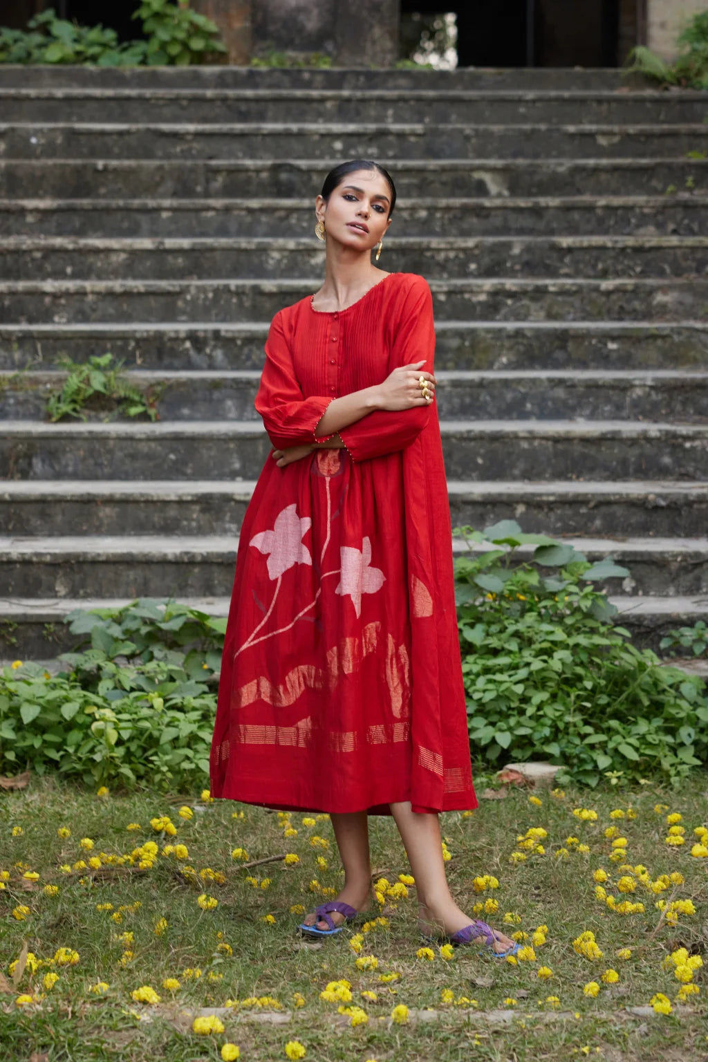 Sarron Ruhani Dress, red silk-cotton placement Jamdani dress with large floral butas and zari Kantha embroidery.