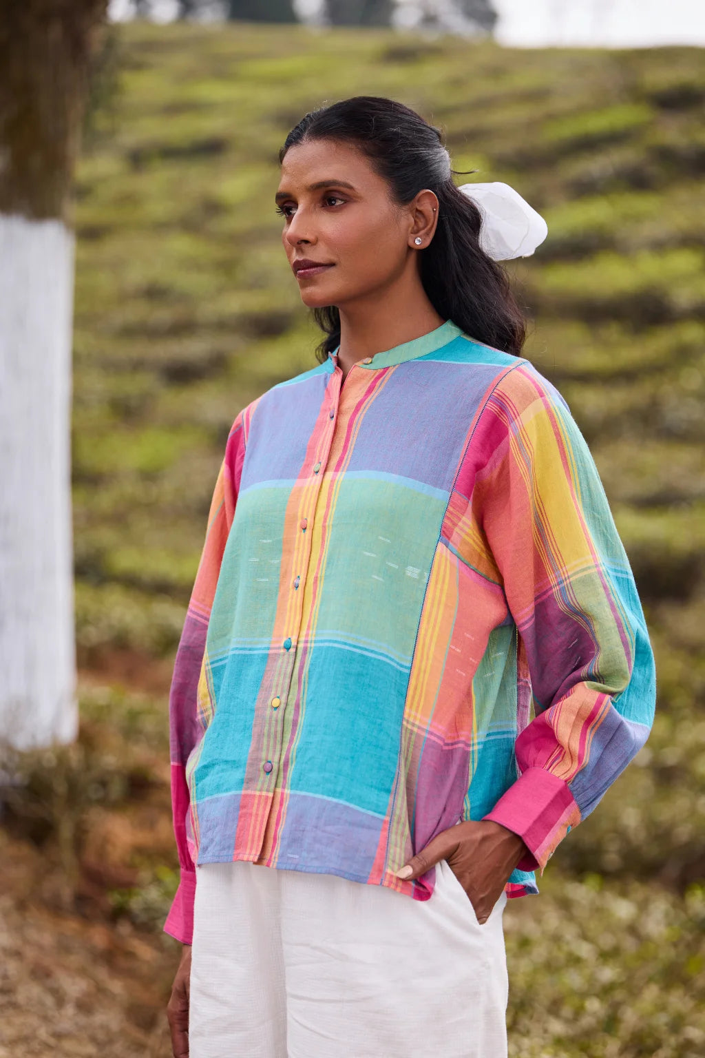 Sarron Rutuja Shirt, front-open green checked cotton shirt with fine Jamdani motifs and a mandarin collar.