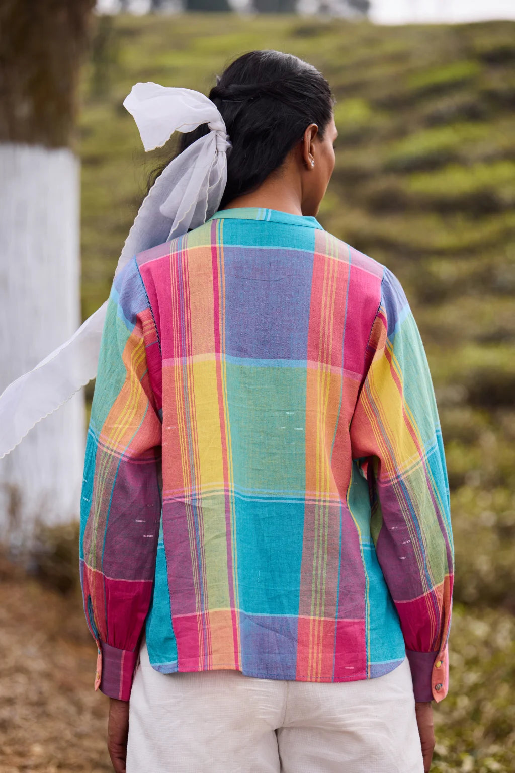 Sarron Rutuja Shirt, front-open green checked cotton shirt with fine Jamdani motifs and a mandarin collar.