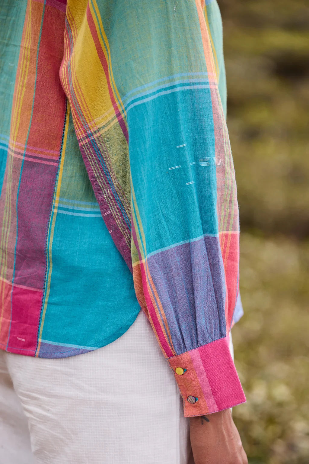 Sarron Rutuja Shirt, front-open green checked cotton shirt with fine Jamdani motifs and a mandarin collar.