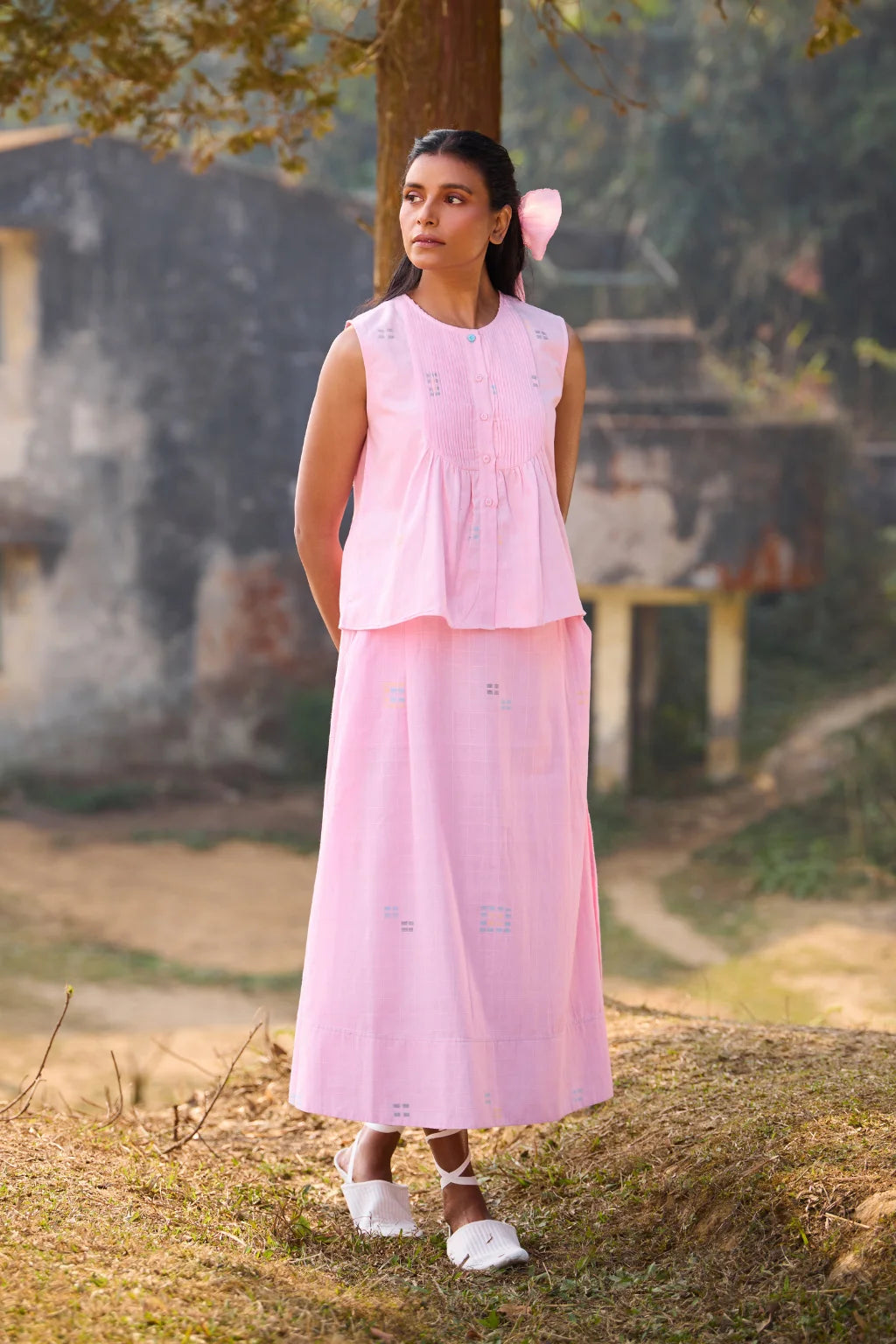 Sarron Shonpakhi Skirt, soft pink checked cotton Jamdani A-line skirt with geometric motifs.
