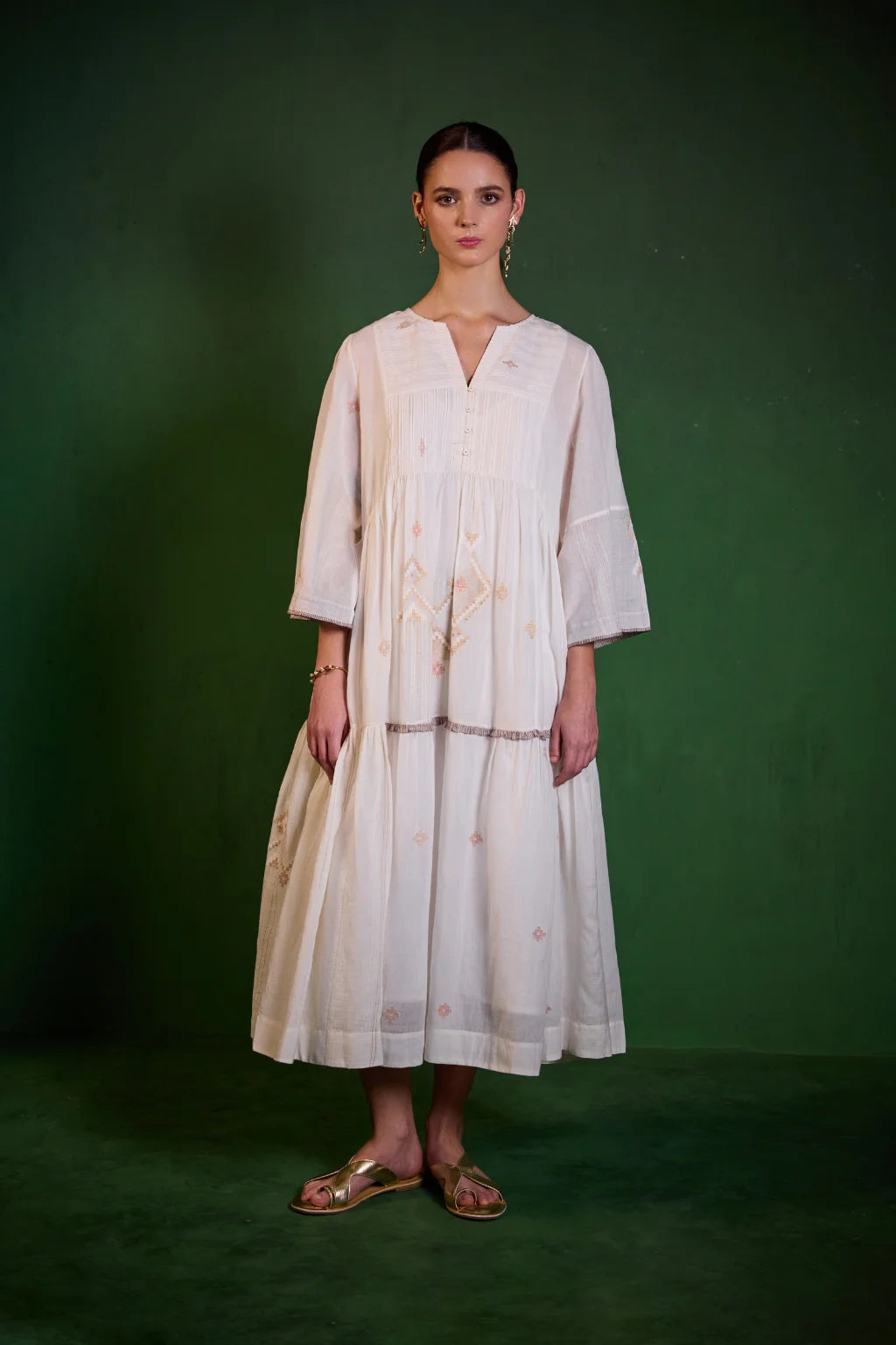 Sarron Shubhra Dress, ivory white silk-cotton Jamdani dress with ghicha zari motifs and a tiered cut.