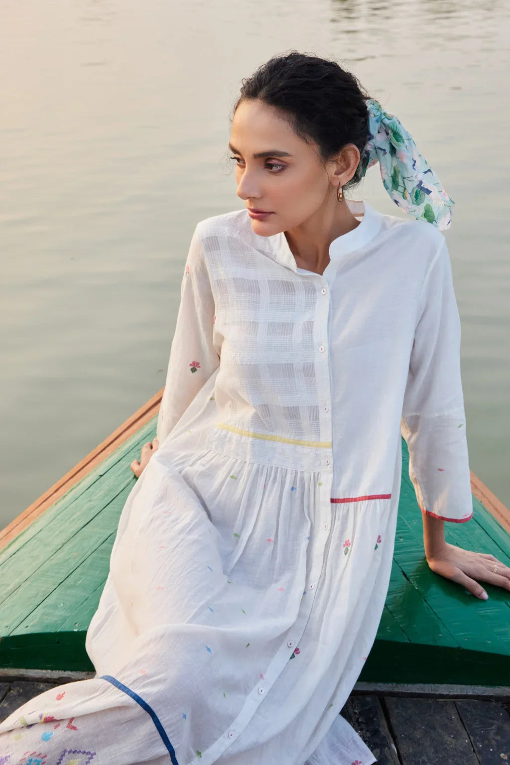 Sarron Aarvi Dress, white checked cotton Jamdani dress with single colour stripes and a shirt collar.