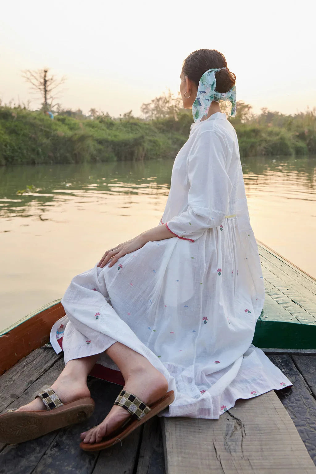 Sarron Aarvi Dress, white checked cotton Jamdani dress with single colour stripes and a shirt collar.