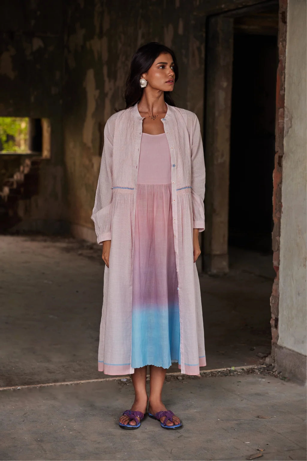 Sarron Adity Set, white and red striped handloom cotton dress with an ombre slip and bodice pintucks.