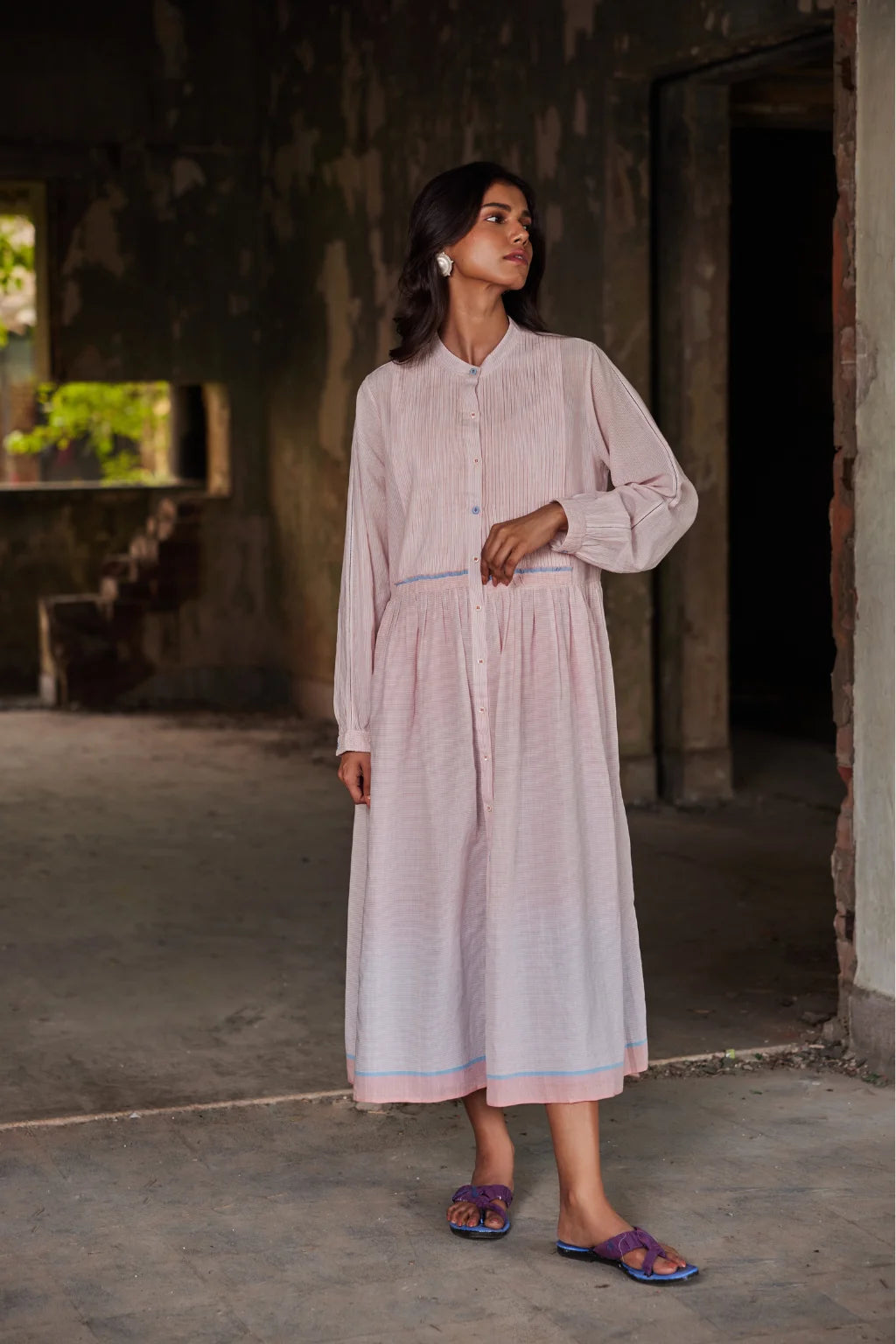 Sarron Adity Set, white and red striped handloom cotton dress with an ombre slip and bodice pintucks.