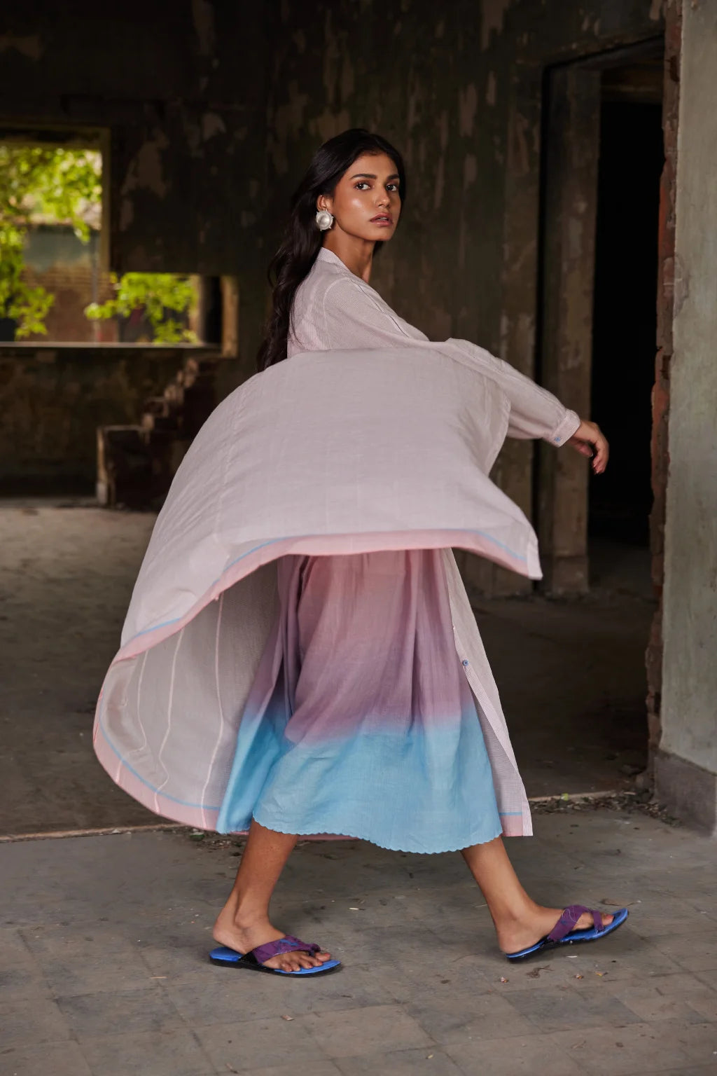 Sarron Adity Set, white and red striped handloom cotton dress with an ombre slip and bodice pintucks.