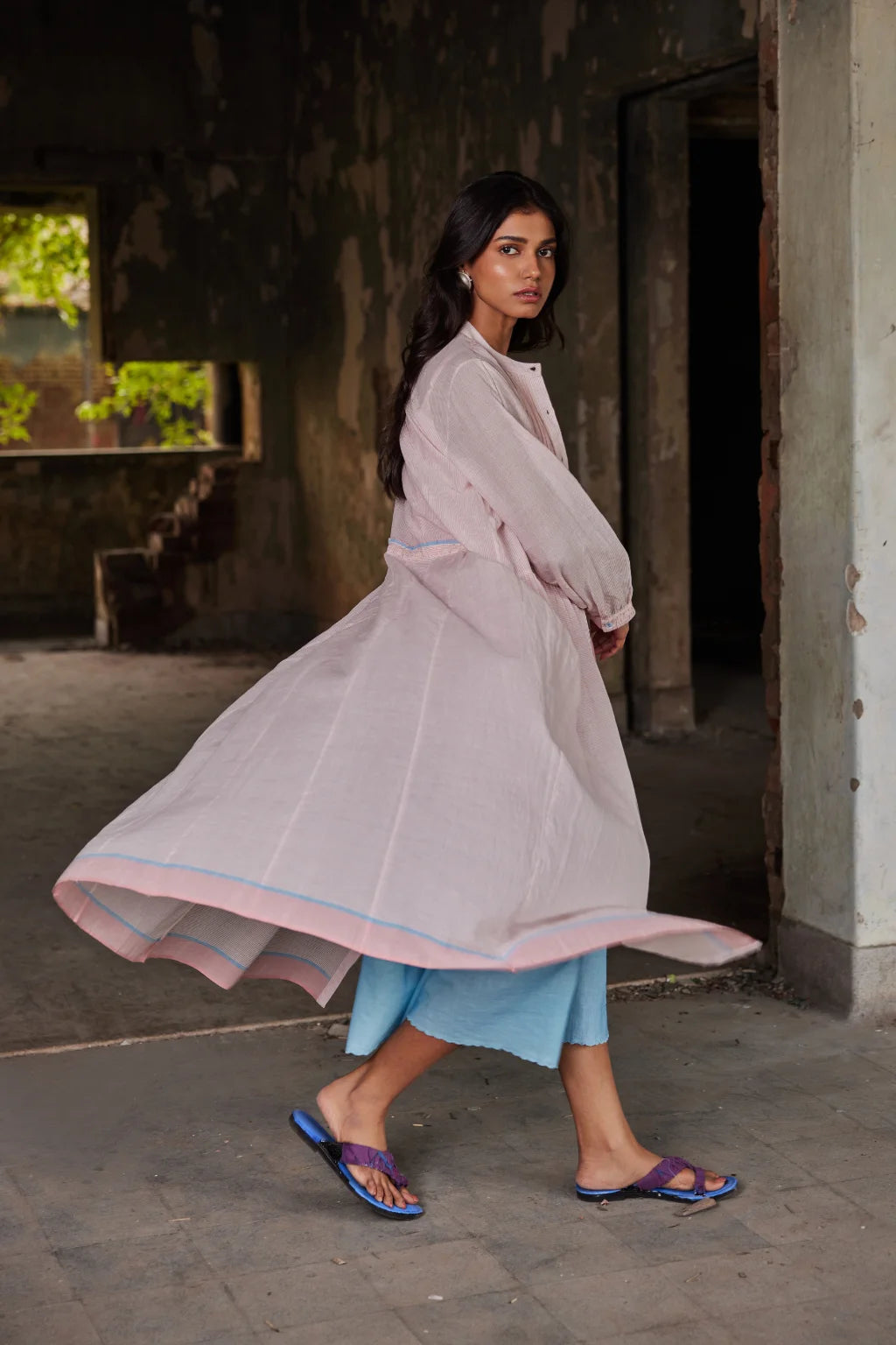 Sarron Adity Set, white and red striped handloom cotton dress with an ombre slip and bodice pintucks.
