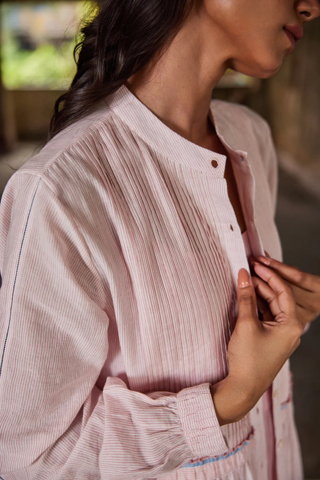 Sarron Adity Set, white and red striped handloom cotton dress with an ombre slip and bodice pintucks.
