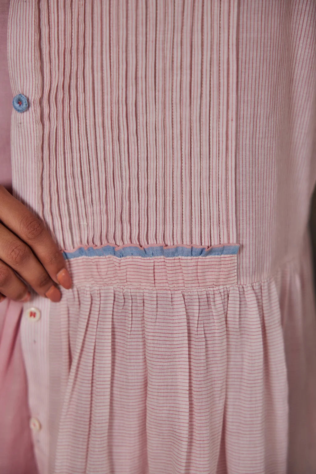 Sarron Adity Set, white and red striped handloom cotton dress with an ombre slip and bodice pintucks.
