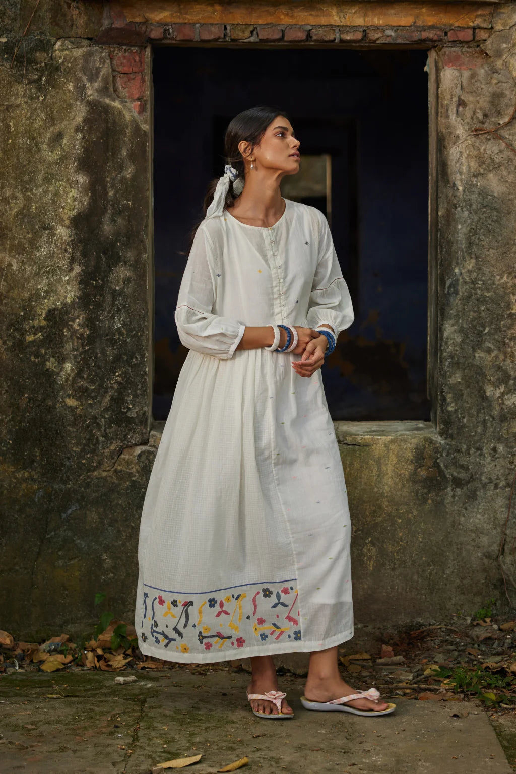 Sarron Alaya Dress, white patchwork cotton Jamdani dress in buta fabrics with handloom self-check.